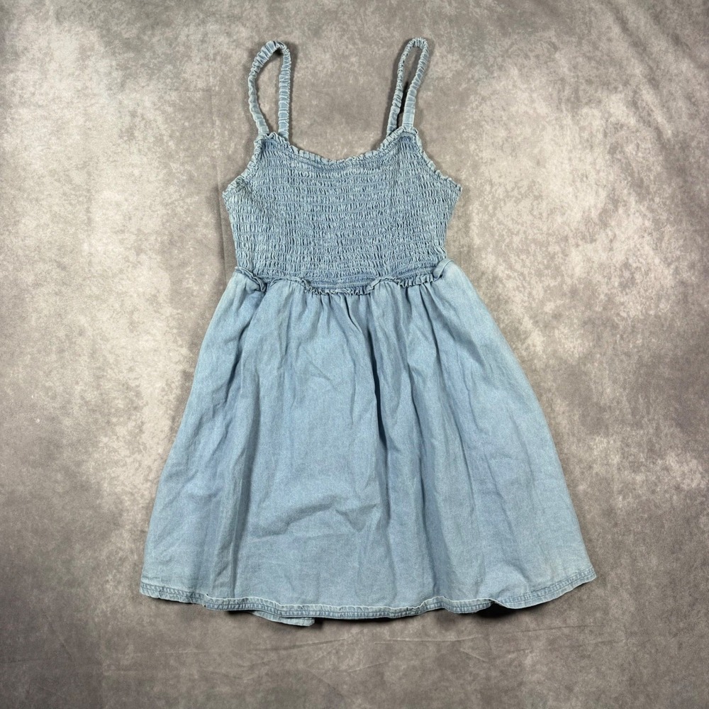 American Eagle Womens Light Denim Smocked Back Cutout Mini Babydoll Dress M